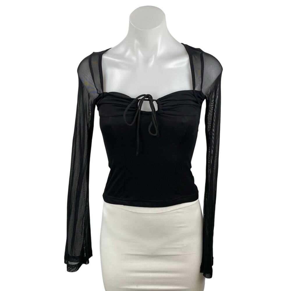 Princess Polly Women's Black Sheer Mesh Long Sleeve Tie Neck Crop Blouse Top 2